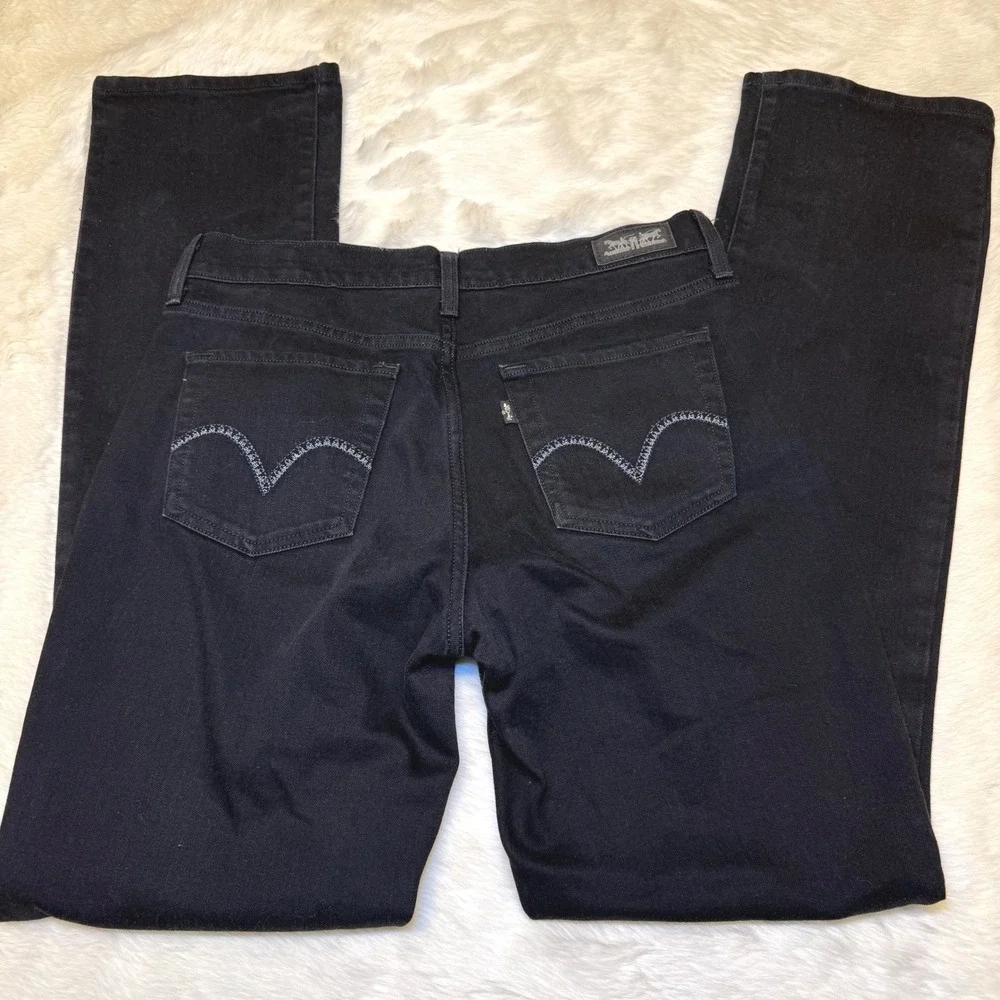 Levis 505 Straight Leg Jeans Womens Black Denim Silver Stitching Western Size 28